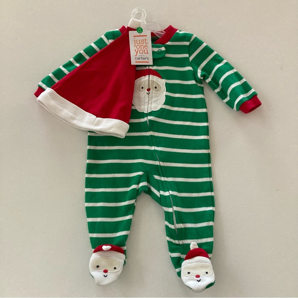 Baby Newborn Holiday Christmas Santa Hat Footie Set Outfit Cotton Zip Green Red